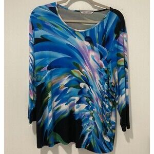 Allison Daley Abstract Blue Black Swirl Pattern Round Neck Pullover Top Size XL